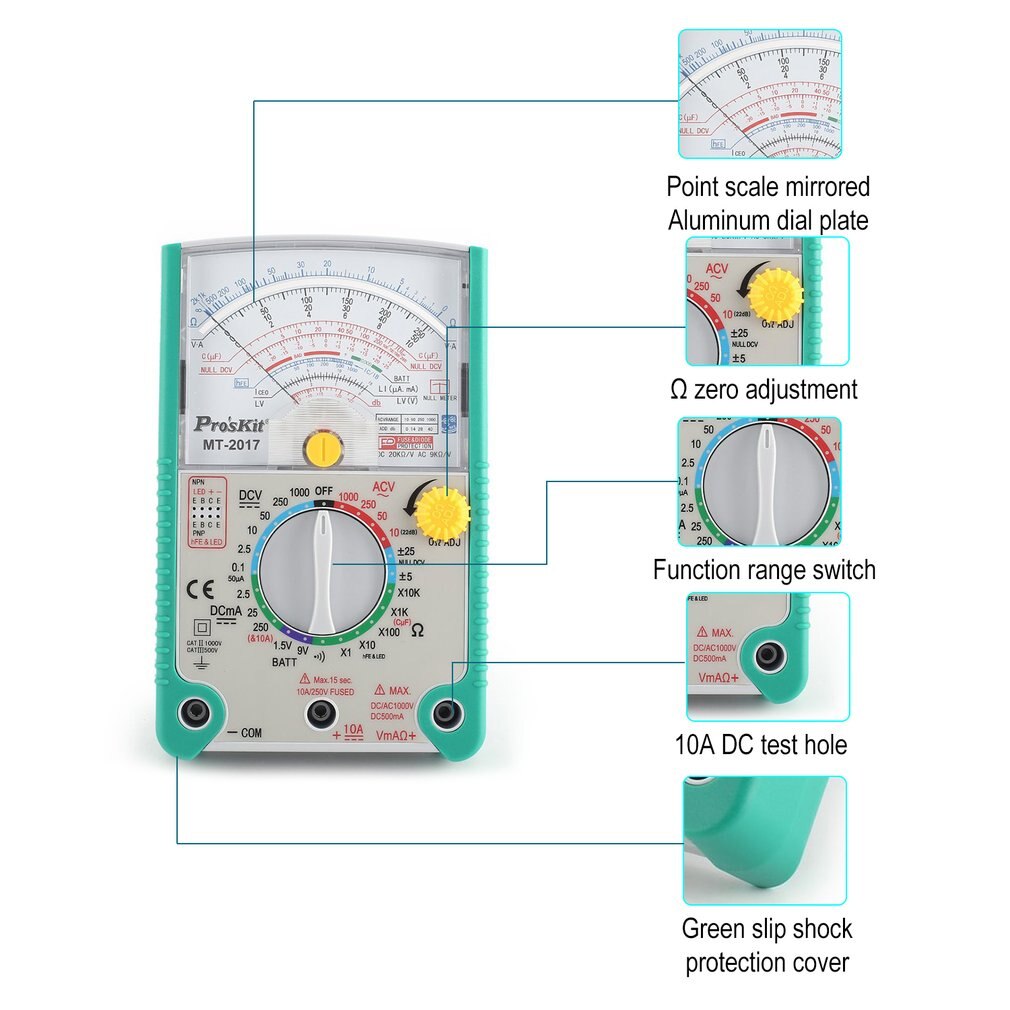 Proskit MT AC/DC Analog Graph Pointer Multimeter Ammeter Resistance Capacitance Diode Volt Amp Ohm Hfe LED Meter Electrical