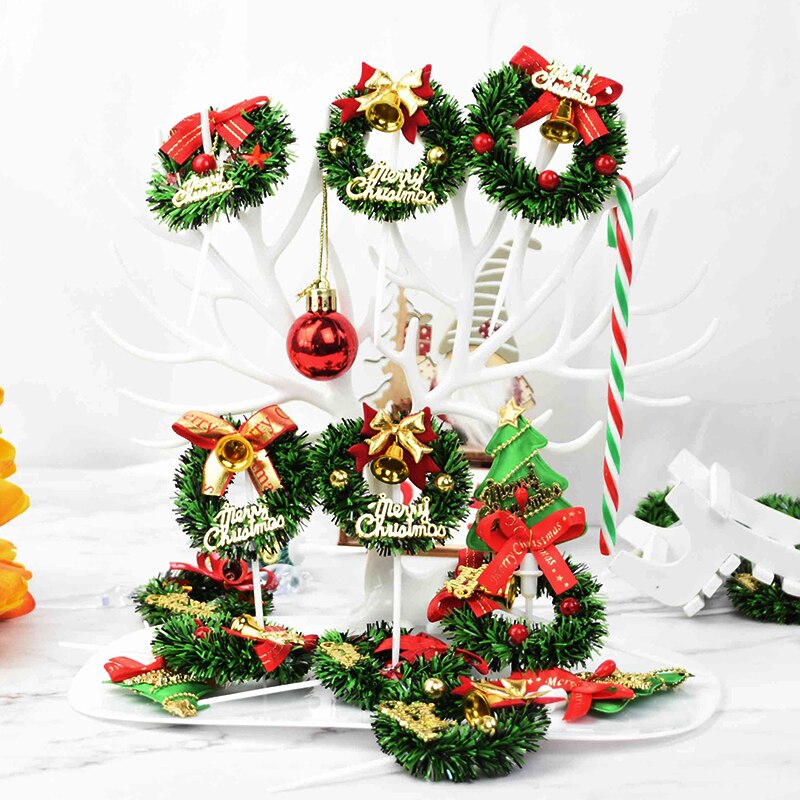 5pcs Christmas Cake Topper Mini Xmas Tree Wreath Shape Cupcake Topper for Merry Christmas Kids Favor Baking Dessert Decoration 7