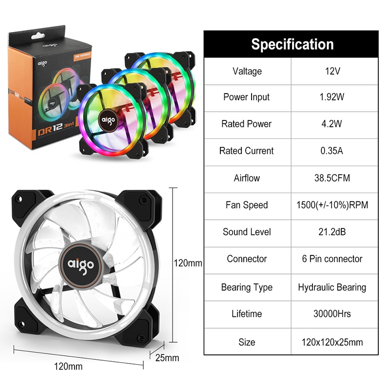 Aigo DR12 Pc Case Fan Adjust RGB Cooling Fan 120mm Quiet IR Remote Computer Cooler Cooling RGB Case Fan CPU Ventilador PC 12V