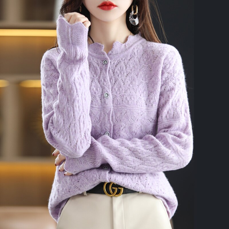 Suéter verde de lana pura para mujer, Rebeca de punto hueco, Top de Cachemira, ropa francesa de , primavera y otoño, novedad