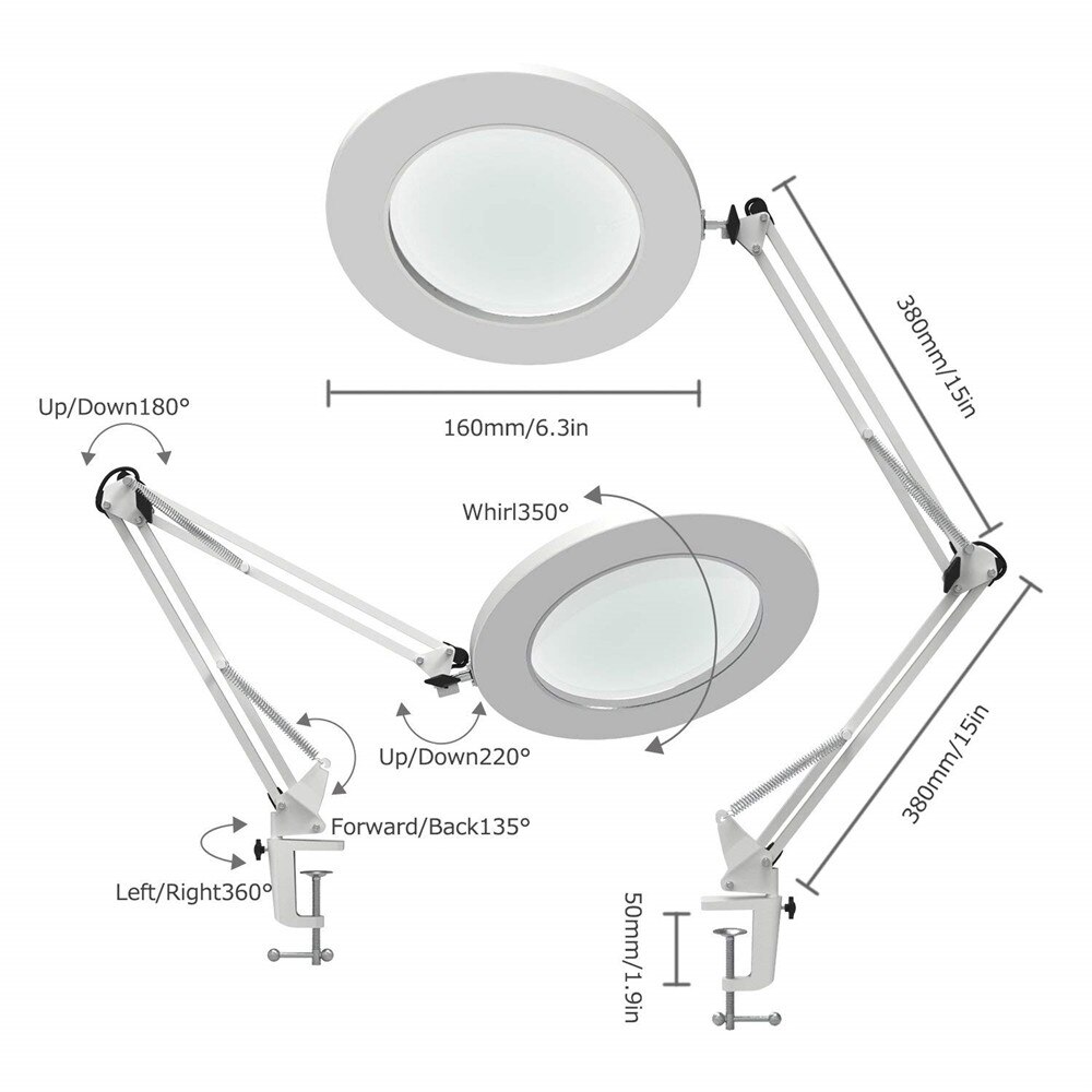 7W LED lampe loupe pince en métal bras oscillant lampe de bureau gradation en continu 3 couleurs, loupe lampe à LED 3X, 4.1 "diamètre lentille (blanc)