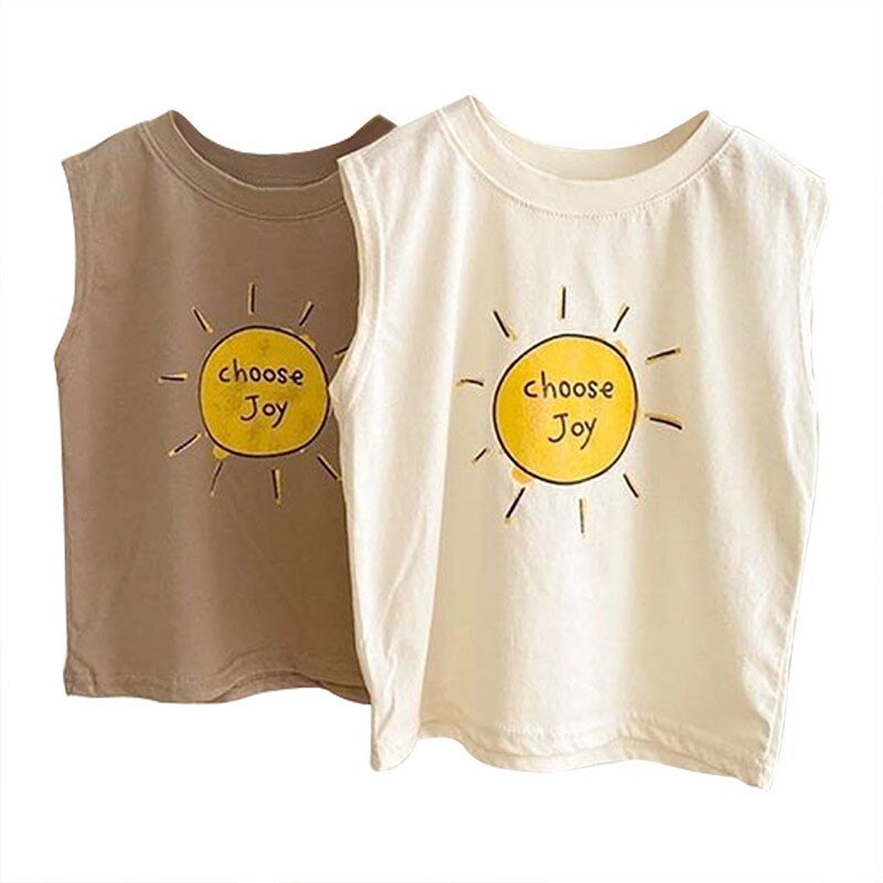 2022 Kid Aankomst T-shirt Peuter Jongens Cartoon Zon Brief Print Mouwloze Tops Baby Meisje Mode Schattige Eenvoudige Katoenen Vest