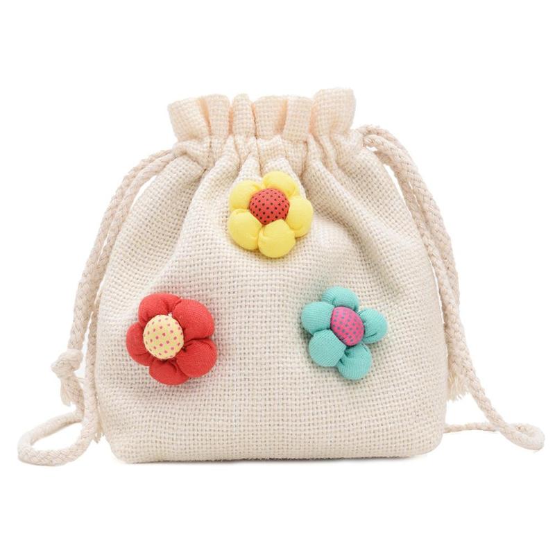 Søde børn blomsterdekoration skulder messenger håndtasker børn piger små linned snøre crossbody bucket tasker fødselsdag