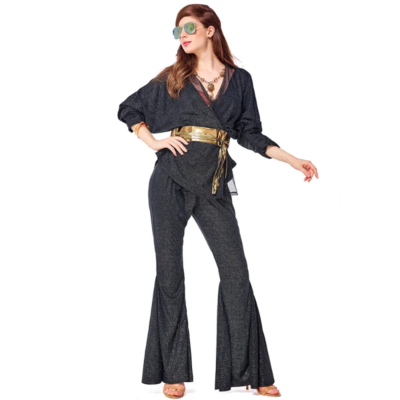 Halloween Retro 70s 80s Hippie Disco Dazzler Costume for Adult Women Wrap Top Bell Bottom Set Glitter Black Costumes