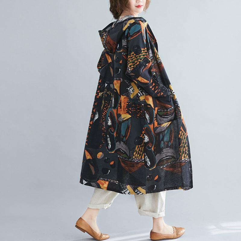 Plus size lange trenchcoat met capuchon, lente voor dames, graffiti print, casual vest, katoenen linnen jassen, kleding, windjack