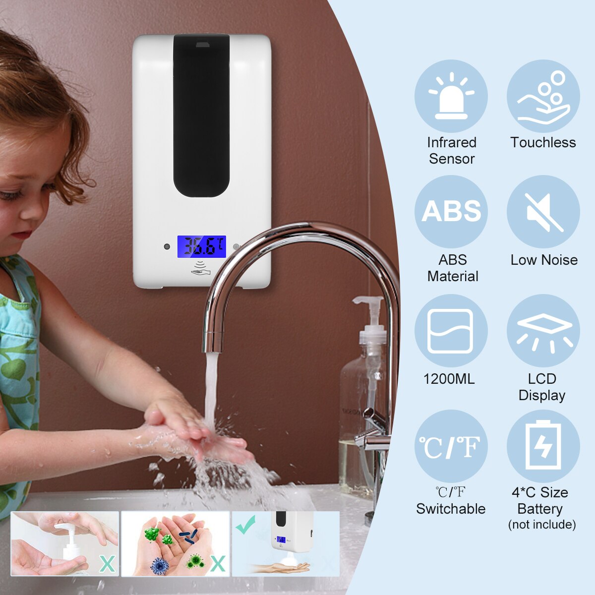 1200ML Automatic Alcohol Dispenser with Thermometer ℃/℉ Switchable Infrared Induction Non-Contact Sprayer Alcohol Dispenser
