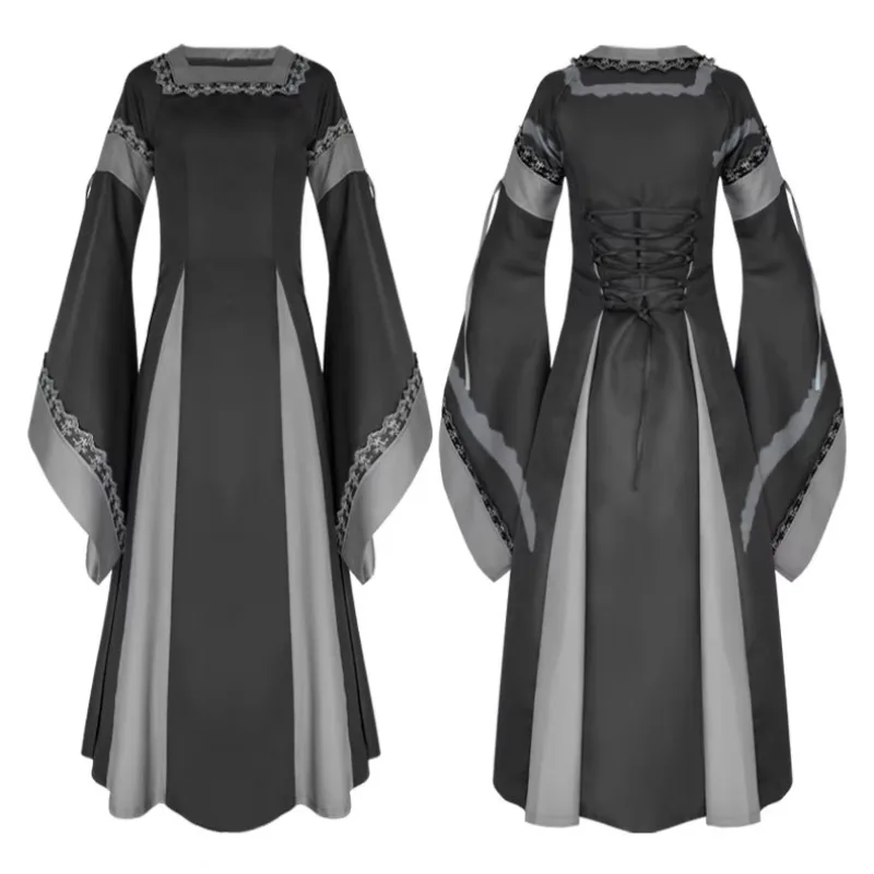 Robe de longitud inferior retro à manches trompent pour femmes, bata medieval renacentista, garniture en dentelle, bata irlandia