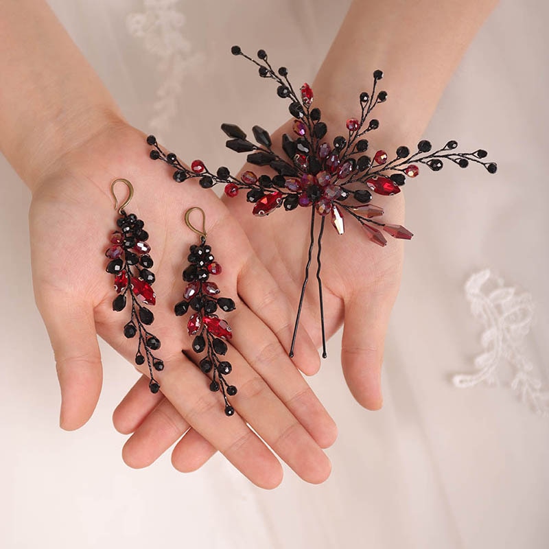 Bohe-conjunto de accesorios para el cabello para mujer, conjunto de pasador y pendientes negros, tocados de cristal, joyería para la cabeza nupcial, conjunto de peinado de boda