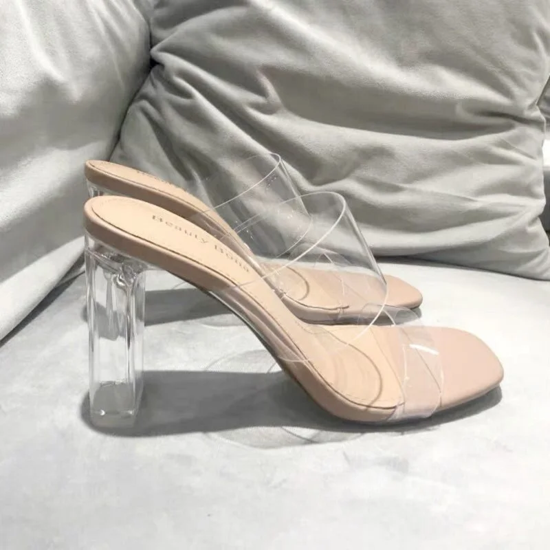 Sommerpumps sandaler til kvinder med åben tå og høje hæle til kvinder med gennemsigtige plexiglass-tøfler.