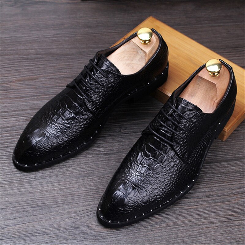Zapatos de piel de cocodrilo para hombre, zapatos de de boda con cordones, zapatos Oxford para oficina de negocios para hombre, zapatos planos de talla grande, para hombres: Black / 7