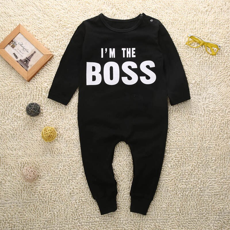 Actieve Casual Peuter Baby Jongen Katoen Lange Mouw O-hals Bedekt Knop Brief Zwart Romper Jumpsuit Outfit Herfst 0-24 M