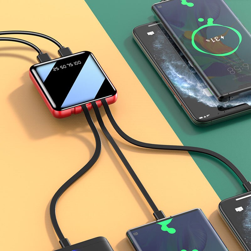 20000mah przenośny Mini Power Bank lustro ekran szybkie ładowanie z kablem USB typu C Powerbank dla iphone xiaomi Huawei telefon