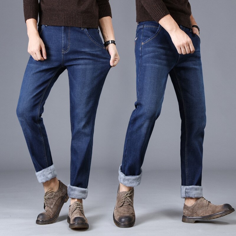 Mens Winter Fleece Jeans Lined Stretch Denim Warm Blue Jeans For Men Slim Fit Brand Trousers Pants Jeans 28-42