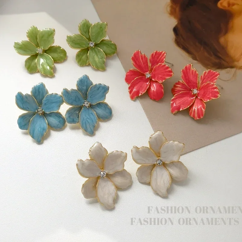 Pendientes de plata 925 con forma de flor roja para mujer y niña, Joyería Moderna con Popular, pendientes de tuerca grandes, de primavera y verano