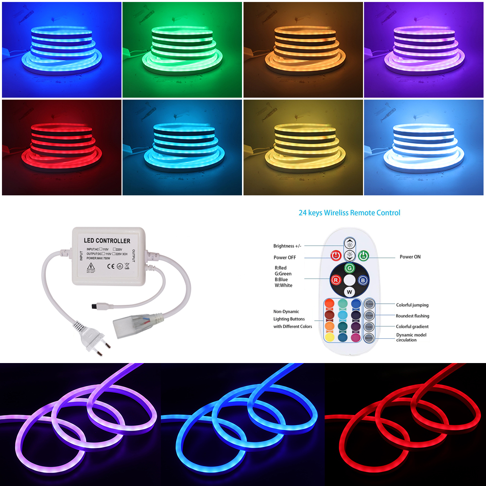 Enseigne au néon étanche avec télécommande, bande lumineuse flexible, ULau néon, SMD 220, 5050, RVB, 80LED/m, 2835 LED/m, 120 V