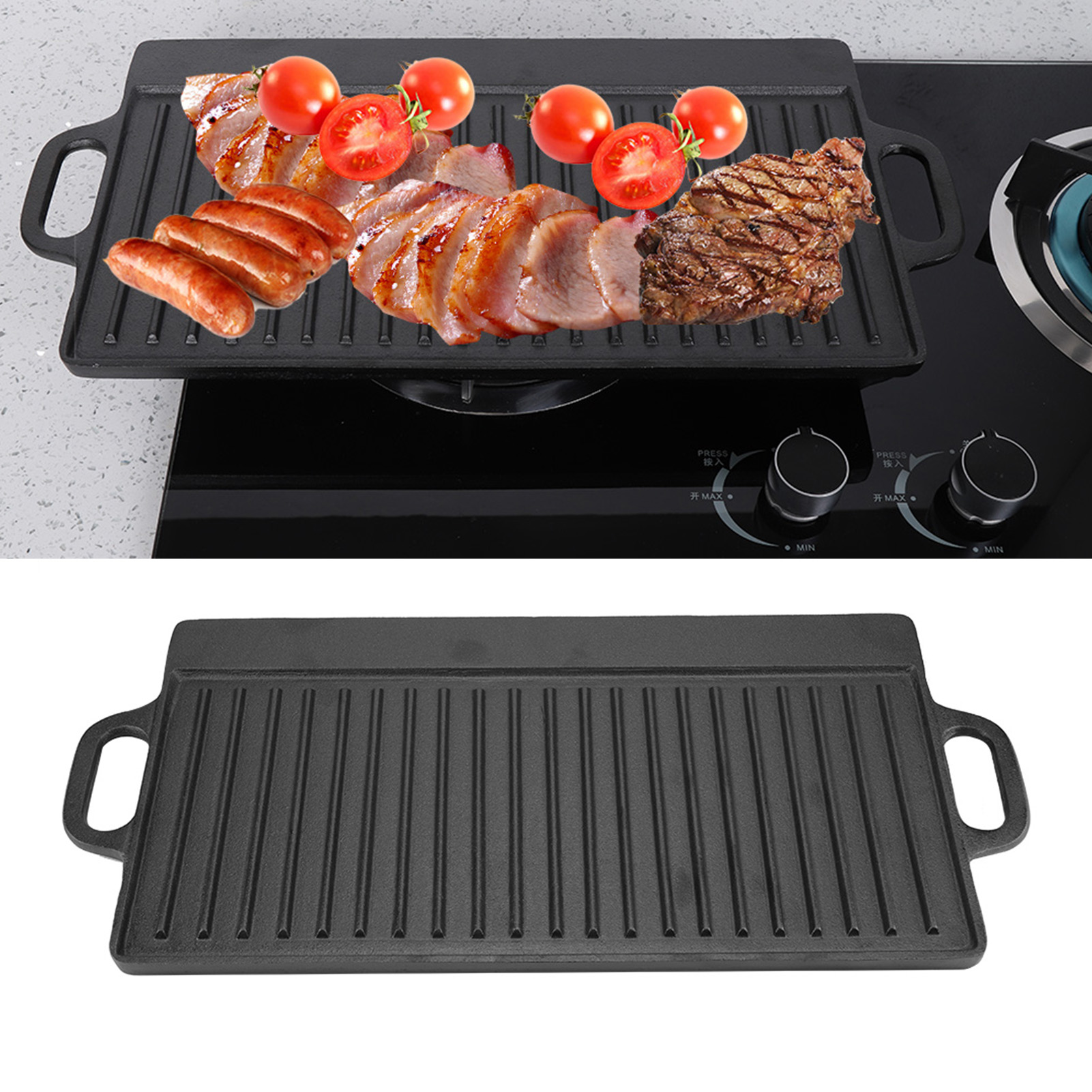 Cast Iron Grill Pan Non-Stick Cast Iron Grill Griddle Pan Ridged and Flat Double Sided Baking Cooking Tray Bakeware Grill Pan