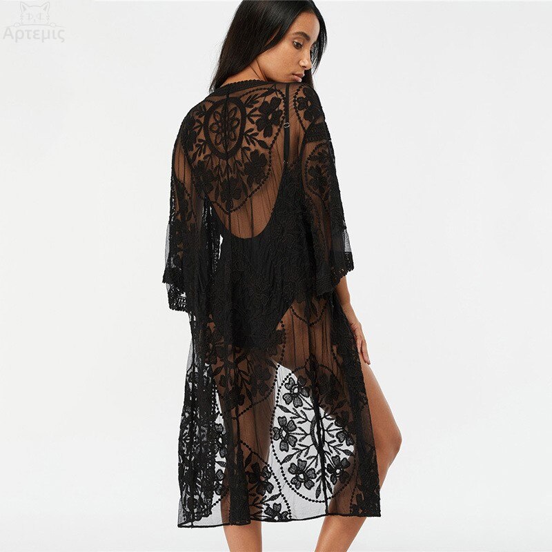 Vestido playero de encaje para mujer, Pareo playero, Túnica de Pareo para Playa, Kimono, traje de baño de encaje para mujer # Q767