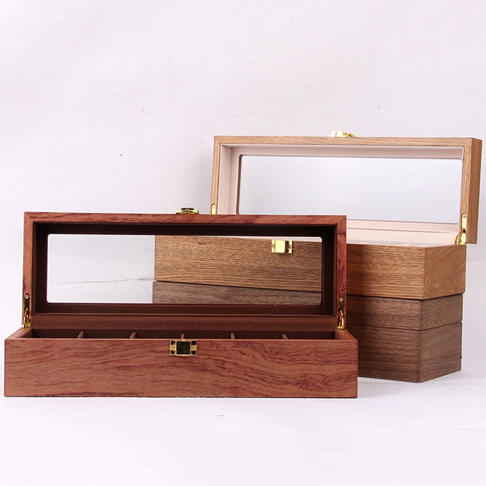 6 slits trä vintage stil klocklåda skyddande förvaringsväska smycken arrangör hållbar heminredning bärbar glas topp