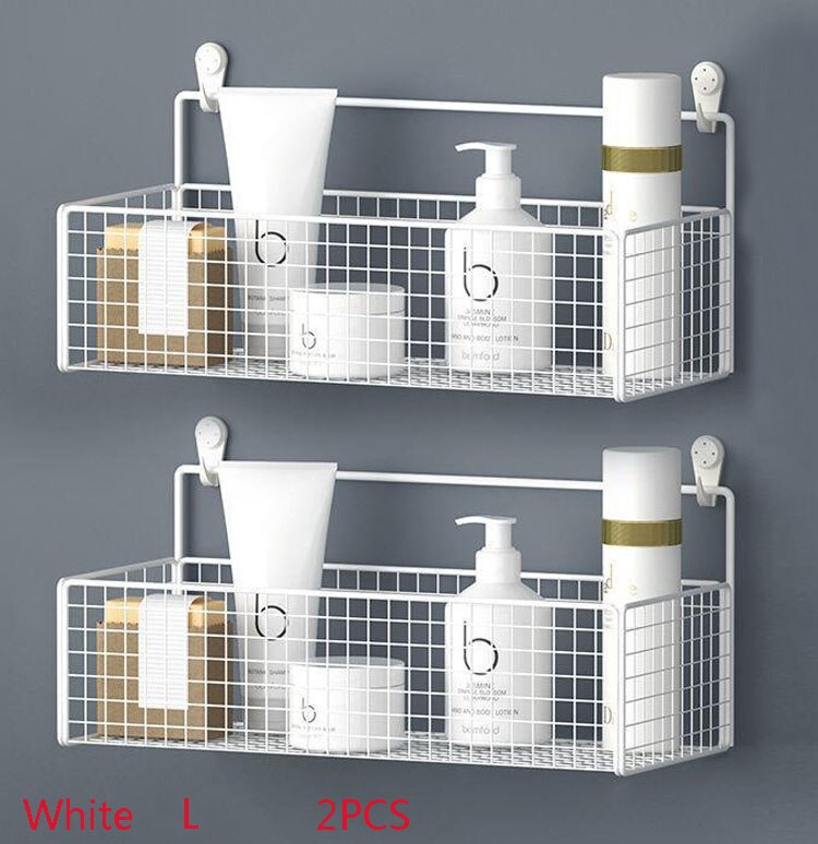 Black Wall-mounted bathroom shelf organizer Shampoo Rack Toilet Accessories Kitchen Free Punch Condiment Storage Basket: White L 2PCS