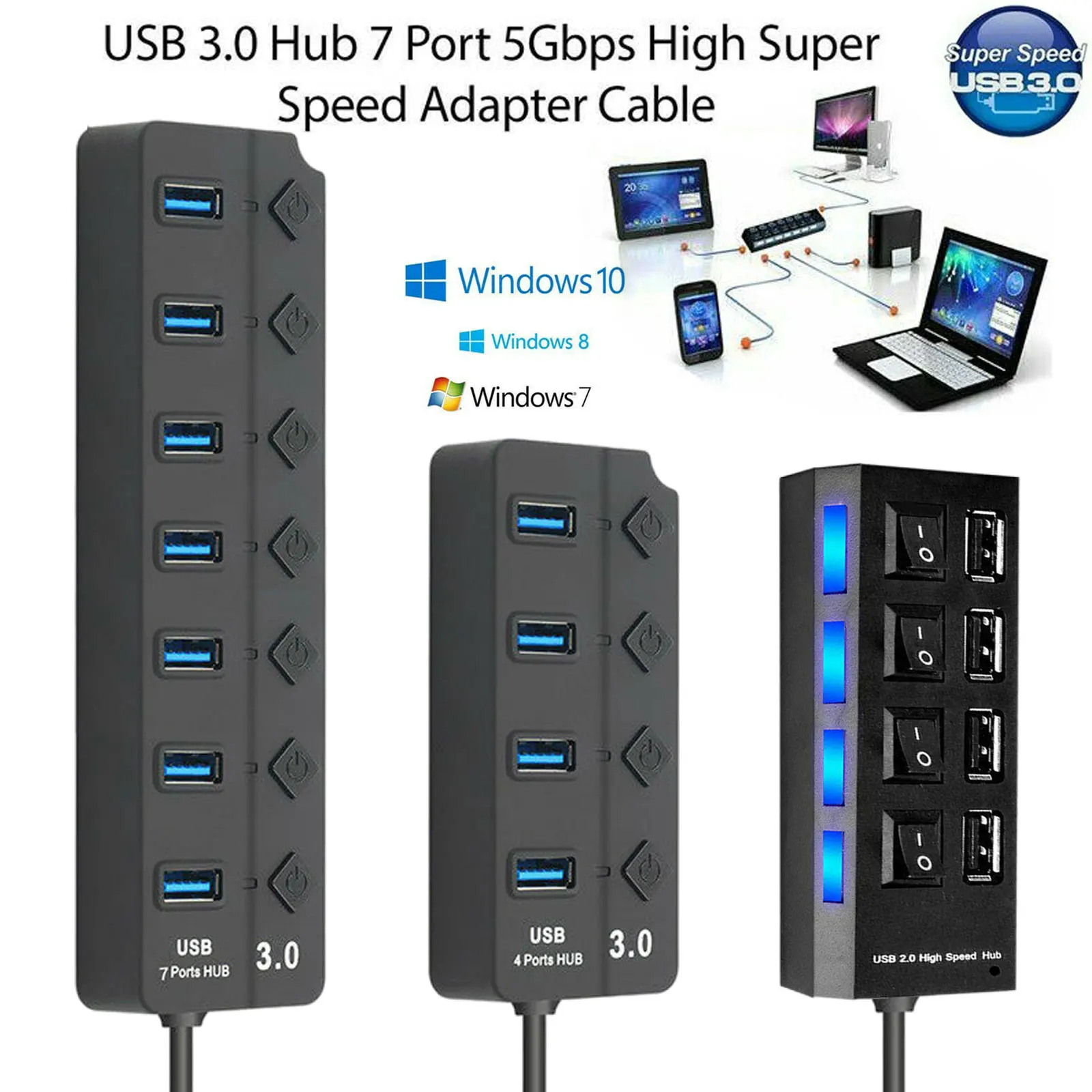 4- ports usb 3.0- hub multisplitter oplader strømadapter flere udvidelseshubs med switch til bærbar computer