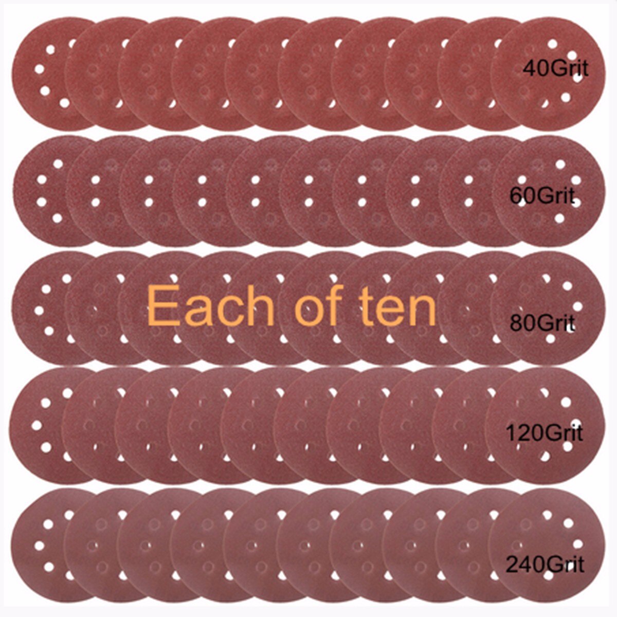 50pcs/Set 125mm Sanding Disc Round Shape 8 Hole Mixed 40 60 80 120 240 Grit Orbital Paper Punch Sheet Sandpaper Polisher Sanders