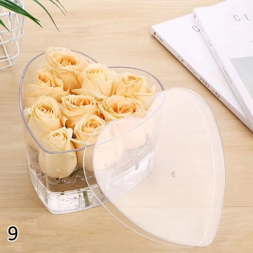 Heart Clear Acrylic Eternal Flower Boxes +Lid Transparent Rose Flower Packaging Florist Makeup Organizer Valentines Day DIY: 9 holes