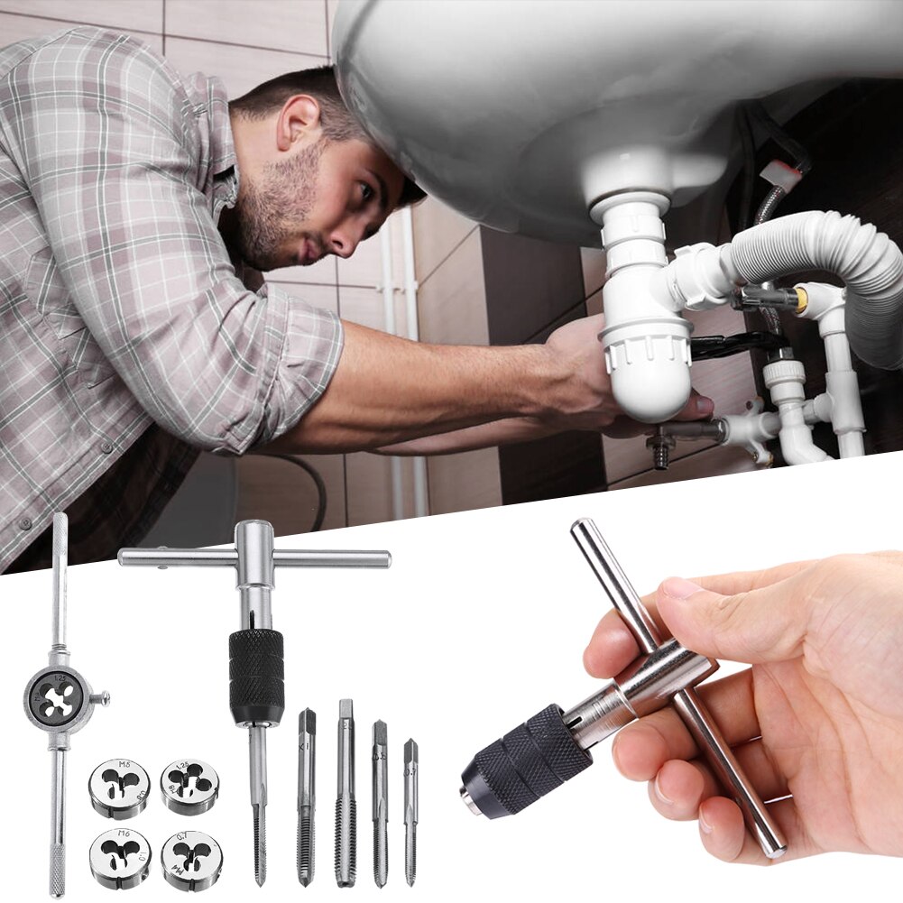 10pcs M4-M8 Tap and Die Set Screw Thread Plug Taps Wrench Hand Tapping Tool