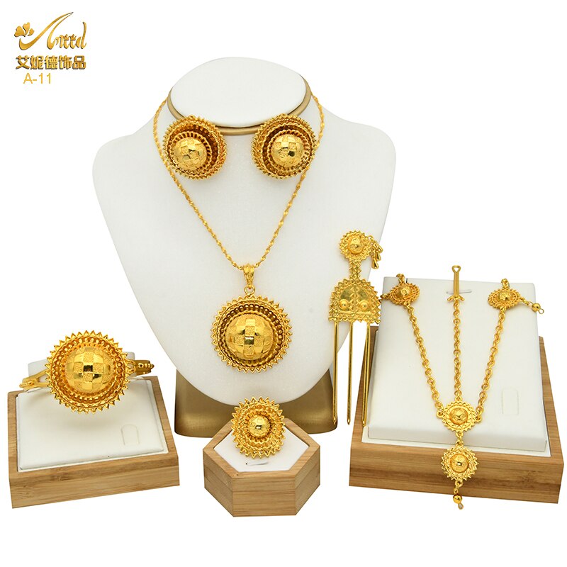 ANIID etiope da sposa 6 pezzi Set di gioielli collana di lusso Color oro marocchino africano Set regalo di accessori per feste di nozze nigeriane