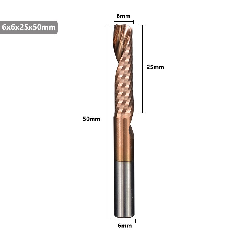 Xcan aluminium skærende endefræser 4 6 8mm skaft enkelt fløjte ticn coating cnc fræser hårdmetal fræser: 6 x 25