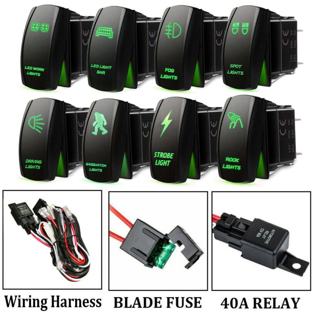 Wiring Harness Kit Green LED Work Light Bar Toggle Rocker Switch 40A Relay Wiring Harness Kit 12V 5 Pin LED Rocker Switch