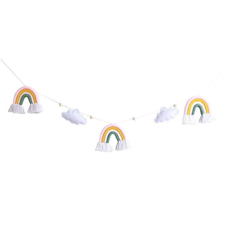 Guirnalda de cuentas de madera nórdica con nube de fieltro, lana de punto, borlas de arcoíris, adorno colgante, accesorios para sesiones fotográficas: 3