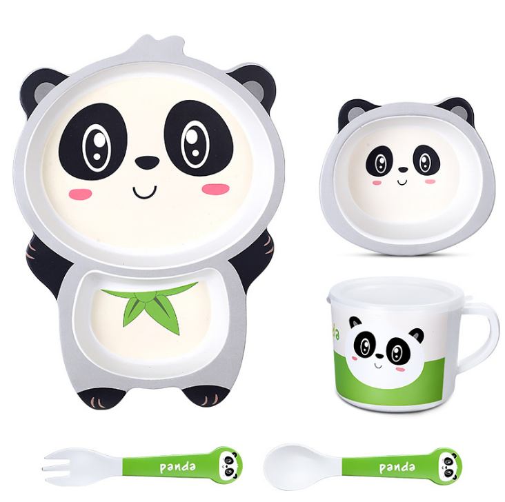 5 unids/set bebé plato niños de dibujos animados de alimentación platos niños Natural de fibra de bambú de vajilla con tazón tenedor Copa cuchara de placa