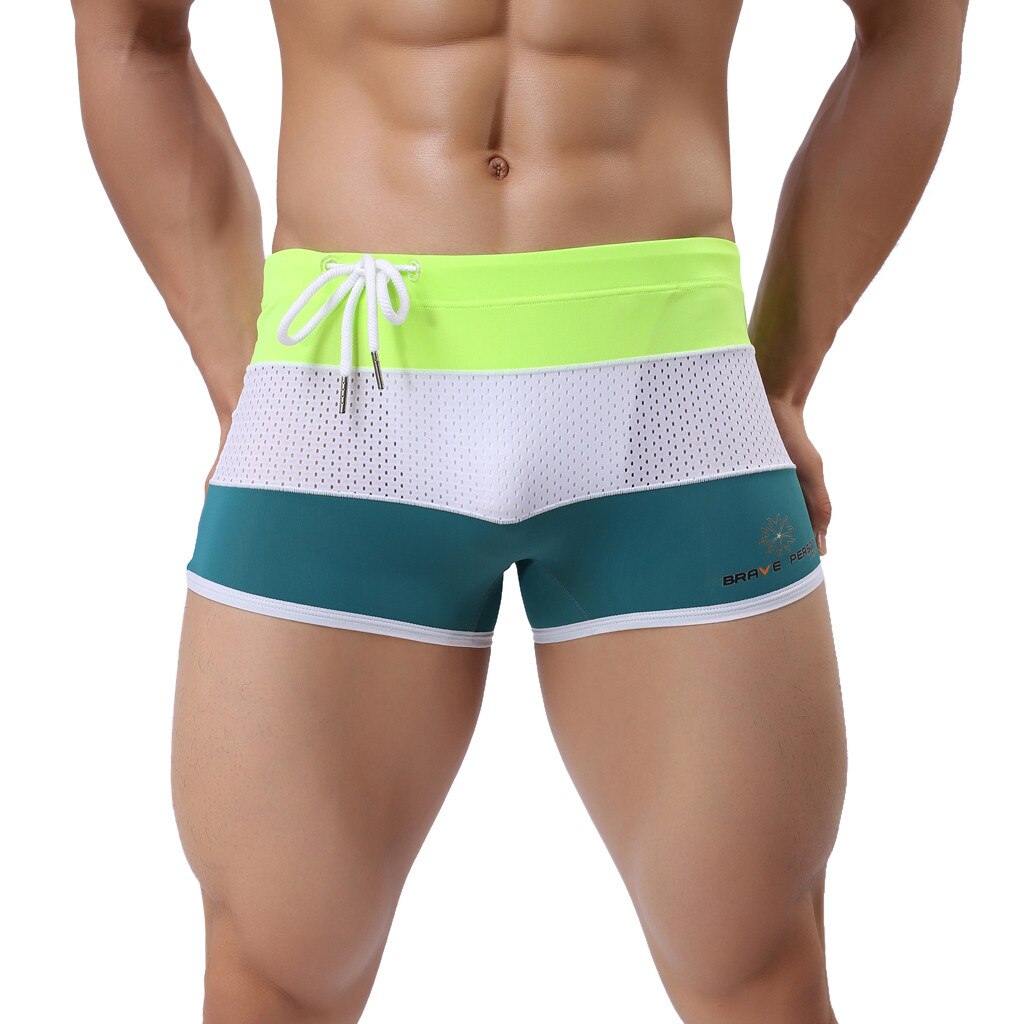 Nuevos pantalones cortos de baño a la de verano a rayas de esquina plana para deportes de playa para Hombre Bañadores de baño: green / M