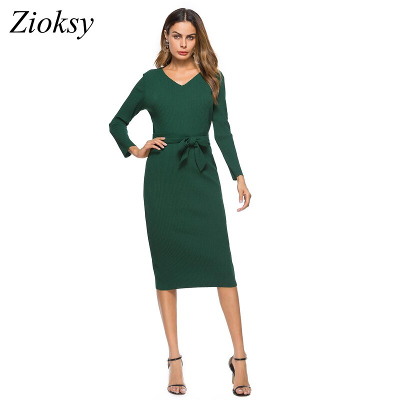 Zioksy Herfst Winter Casual Vrouwen Gebreide Kantoor Jurk Bow Belted Elegante Jurk Vrouwen V-hals Knielengte Schede Bodycon Jurk