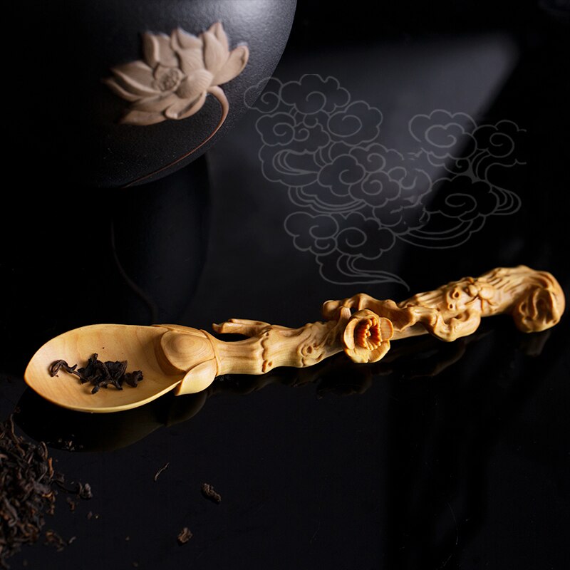 Cuchara de té Zen chino, pala de té, cuchara de té de Ceremonia de té de Kung Fu, mango de colección, estatua de madera, tallado de boj, decoración del hogar: C