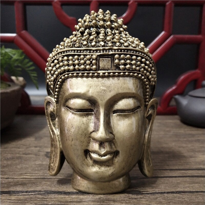 Lucky Buddha Head Statue Wall Decorations Bronze Color Ornaments Resin