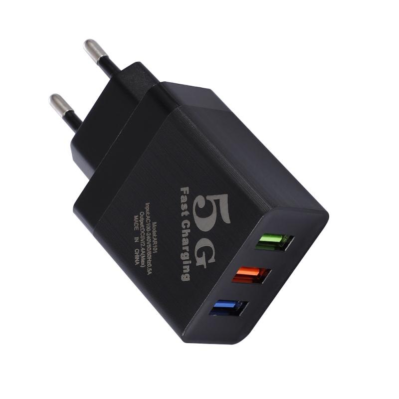 Universal 5V 2.4A Gebürstet Handy Ladegerät Smart 3USB Lade Adapter Reise Ladegerät Handy Ladegeräte Multifunktions: Black  EU Plug