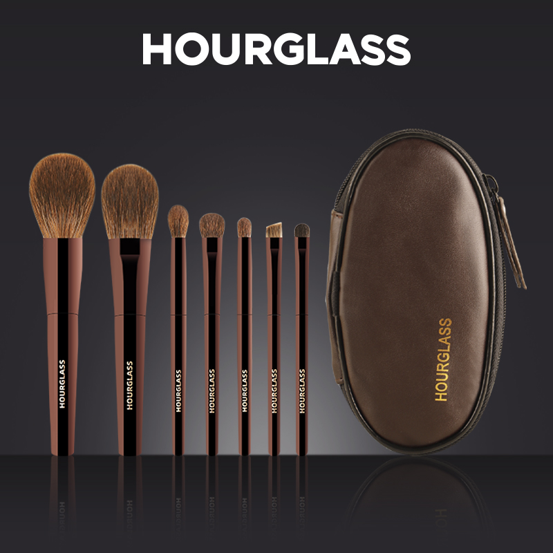 Zandloper make-up kwastenset Mini draagbaar 7-delig, hoogwaardige zachte dierenhaarborstel inclusief oogschaduw, blozen, poederborstel