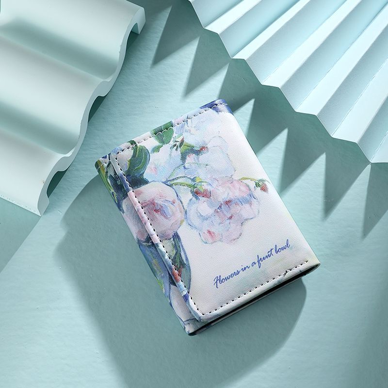 Van Gogh Painting Pattern Wallet Women Folding Leather Short Wallets Niche Bank Credit Card Holder Girl's Purse: GRAY