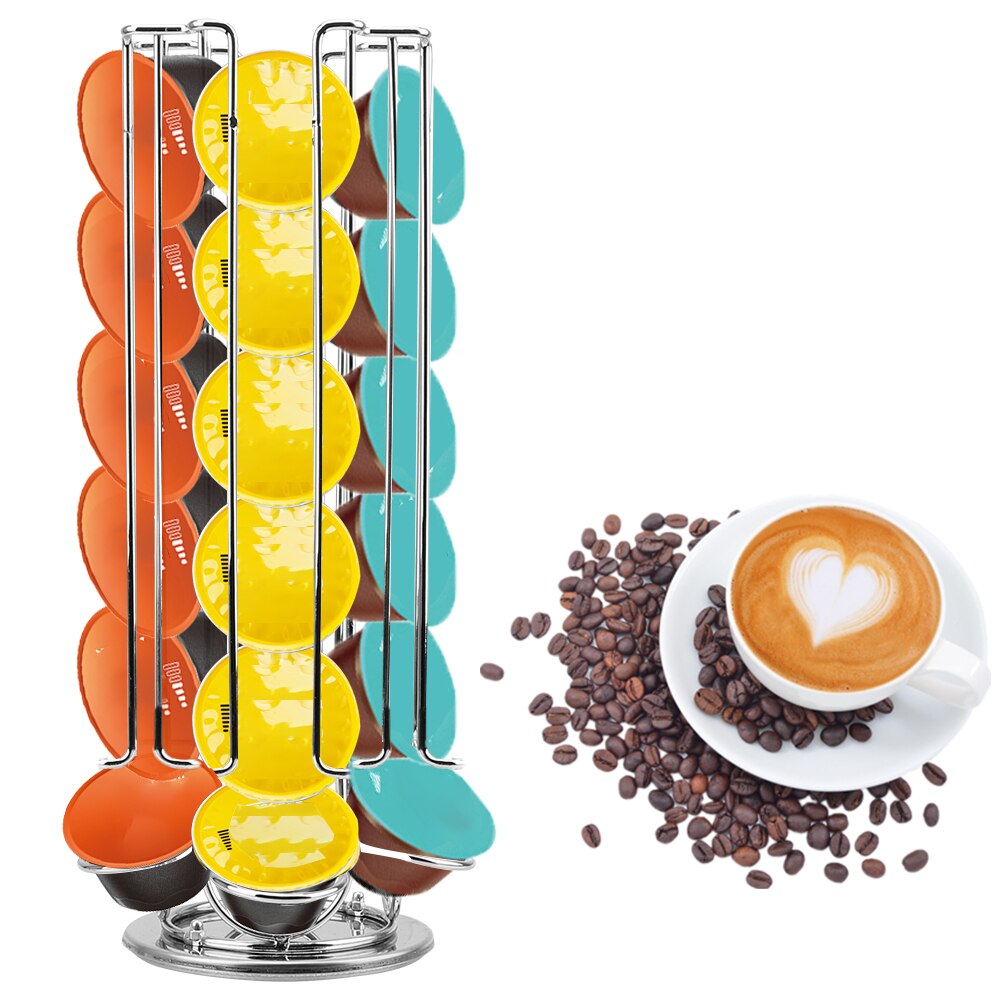 Display Capsule Rack Tower Stand Storage Shelves Stainless Steel For Dolce Gusto Capsule Rotatable Coffee Pod Holder 24Cups