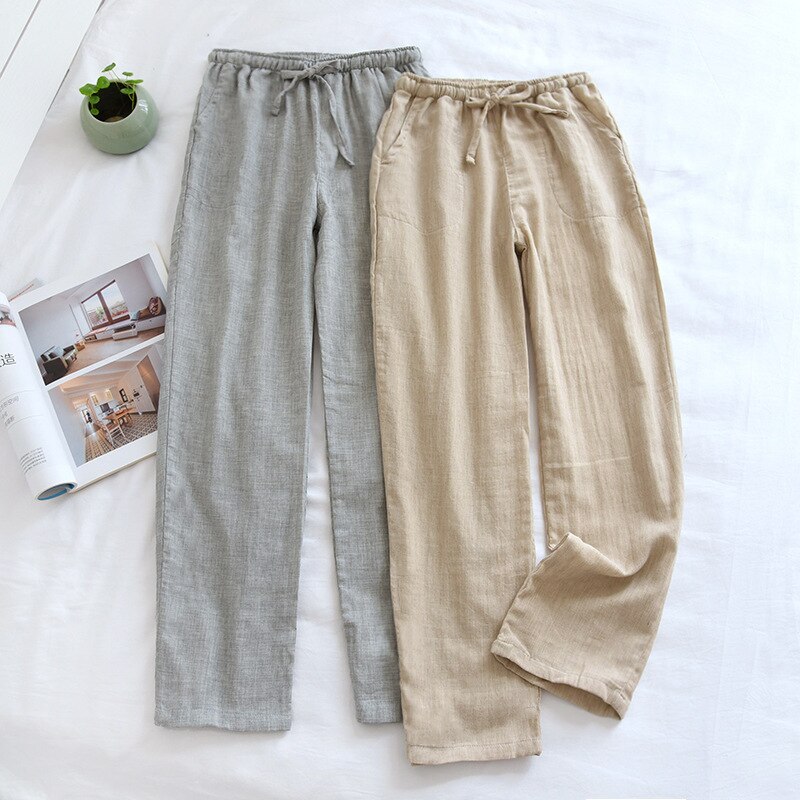 Pantalon confortable en gaze de coton pour hommes, couleur unie, taille élastique, ample, décontracté, avec poche, printemps été