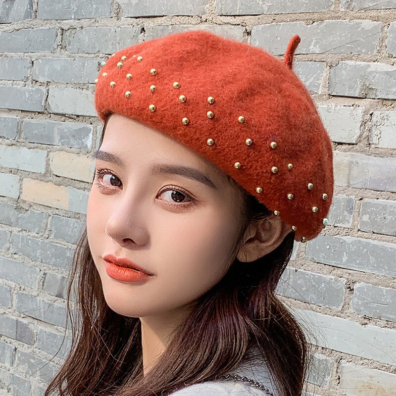 Femmes bérets métal clou perceuse laine couleur unie chapeaux femme Bonnet casquettes dames automne hiver marche chapeau Casquette