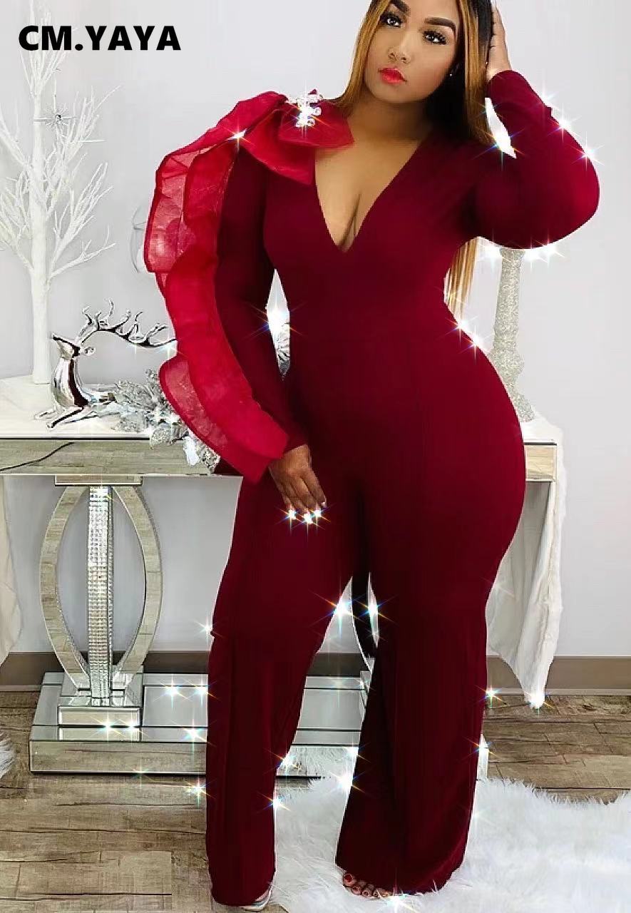 CM.YAYA – combinaison droite Vintage, grande taille, à volants, épissage, manches longues, décolleté en v profond, soirée, une pièce