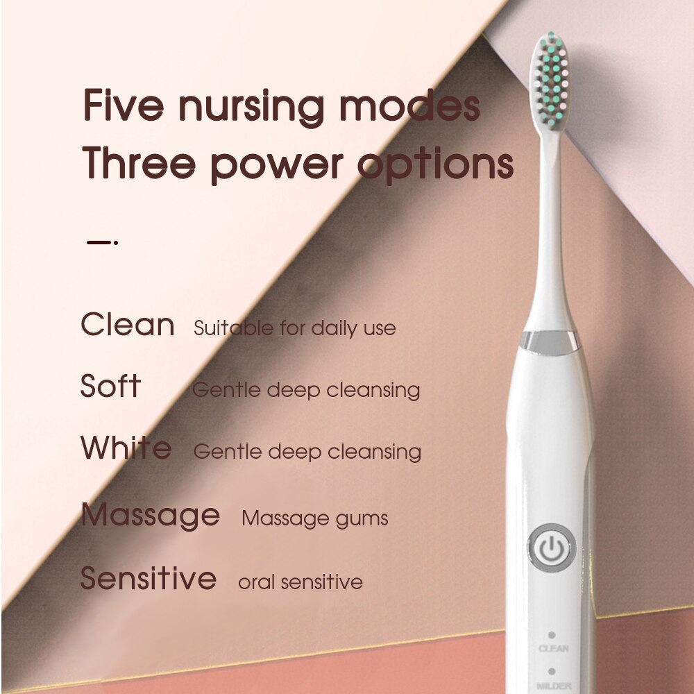 [ZS] Quiet 5 Modes for Adults Sonic Electric Toothbrush Rechargeable IPX7 Washable Soft Bristle Replacement 4 Brushes Heads
