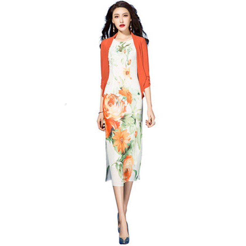 Vår sommer kjole kommode kvinner sett chiffong trykt blyant kne lengde ermeløs kjole todelt kontor klær