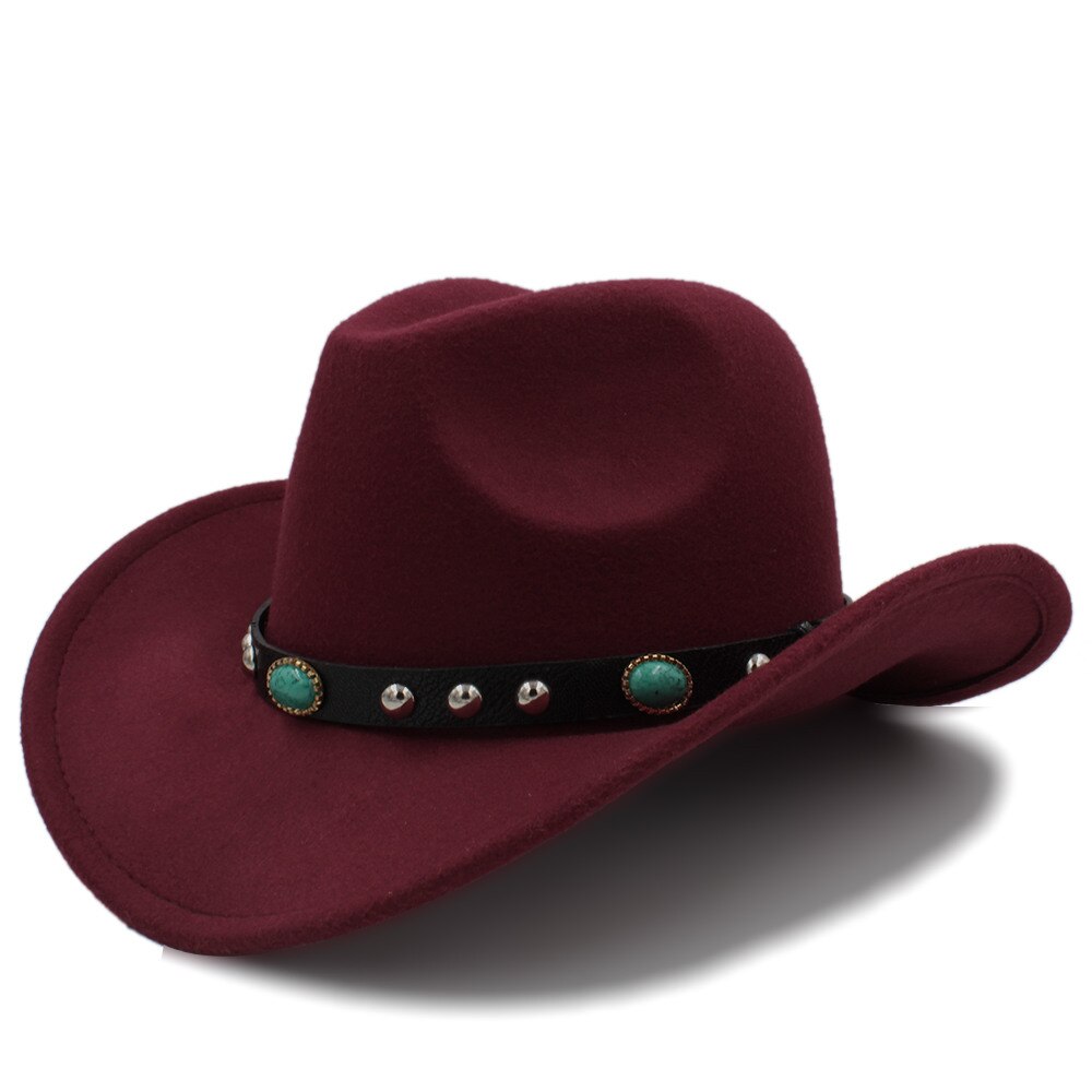 Kvinder uld hule vestlige cowboy hat roll-up bred skygge dame jazz sombrero hombre cowgirl kasket med punk bælte størrelse 56-58cm: Rødvin