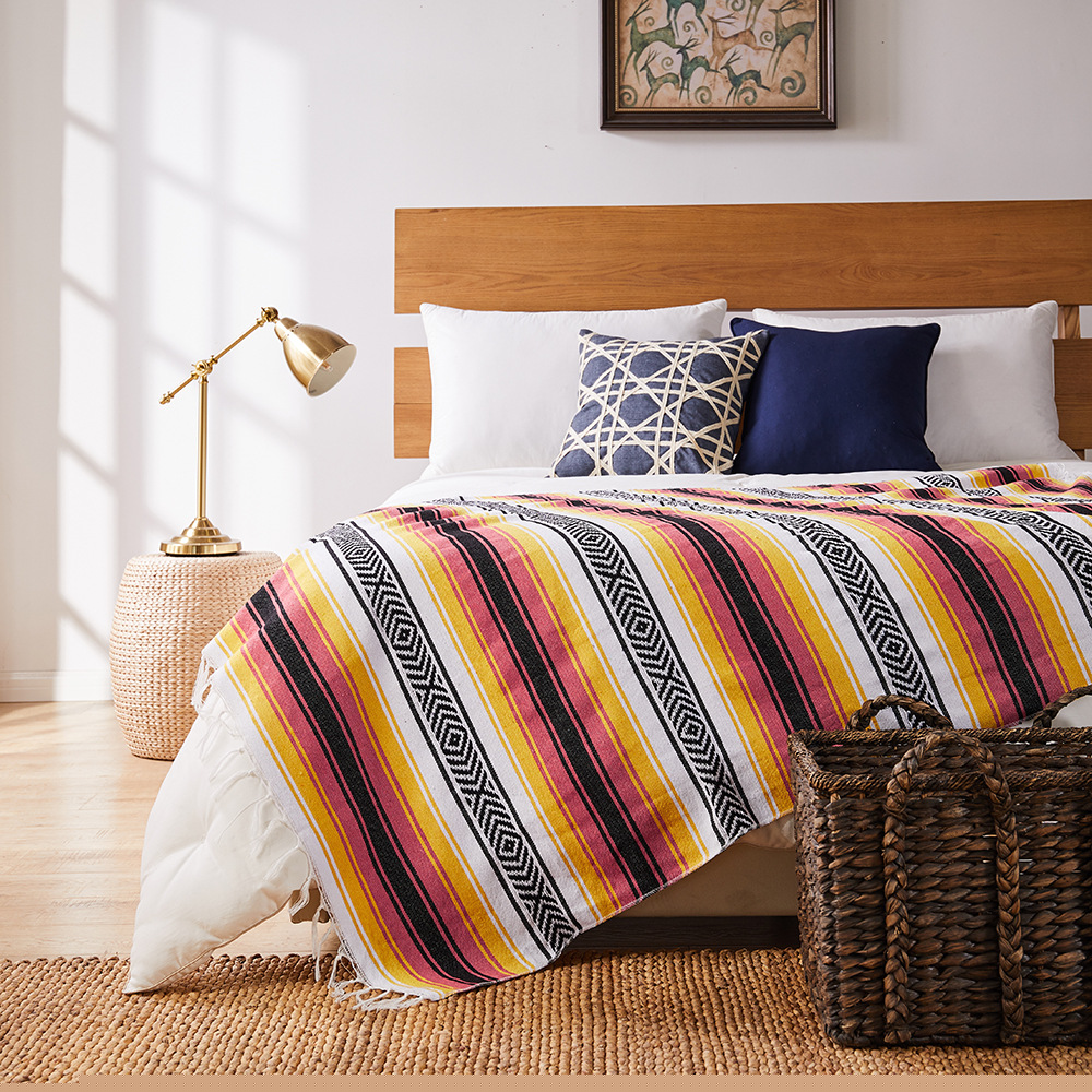 Couverture de plage de Style mexicain 130x170cm, serviette tissée à la main avec pompons, tapis pour canapé-lit, tapis de pique-nique à la maison, nappe rayée: Black