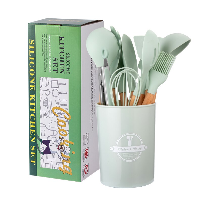12Piece Silicone Cooking Kitchen Utensils Set Nylon Utensils Stainless Steel Cooking Utensil Set: Light Green