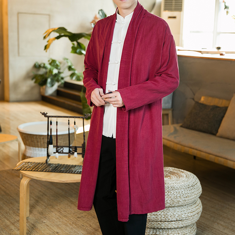 Abrigo largo sin botones para hombre, chaqueta de lino de talla grande, vestido tradicional chino, bata taoísta, ropa de primavera y otoño, 2022