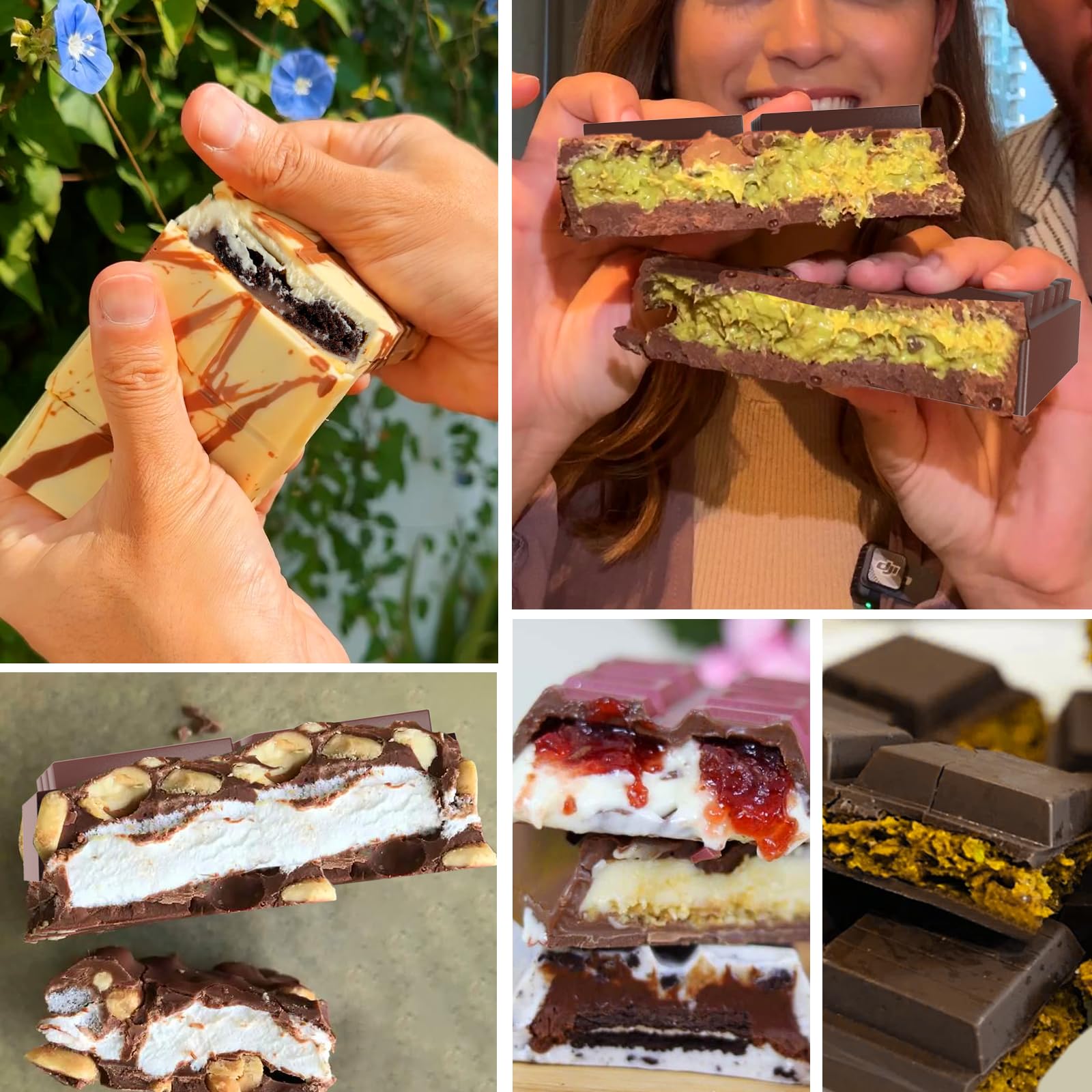 Stampo per tavoletta di cioccolato a 6 fori, stampo per tavoletta di cioccolato spesso riempito in silicone Knafeh Barra di cioccolato al pistacchio (10 bottoni) e sacchetti da 100 pezzi)